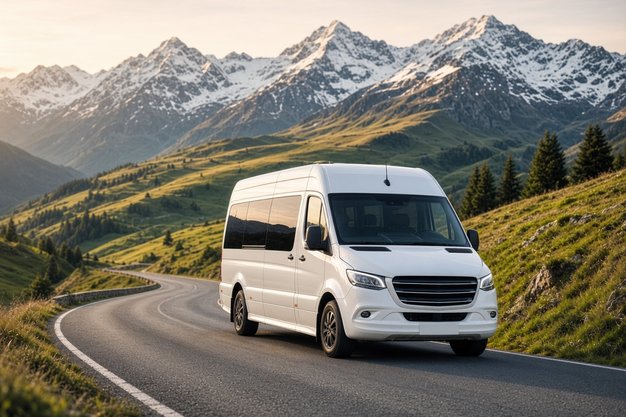 Weisser Kleinbus von Profi-Tour auf einer Bergstrasse in den Alpen